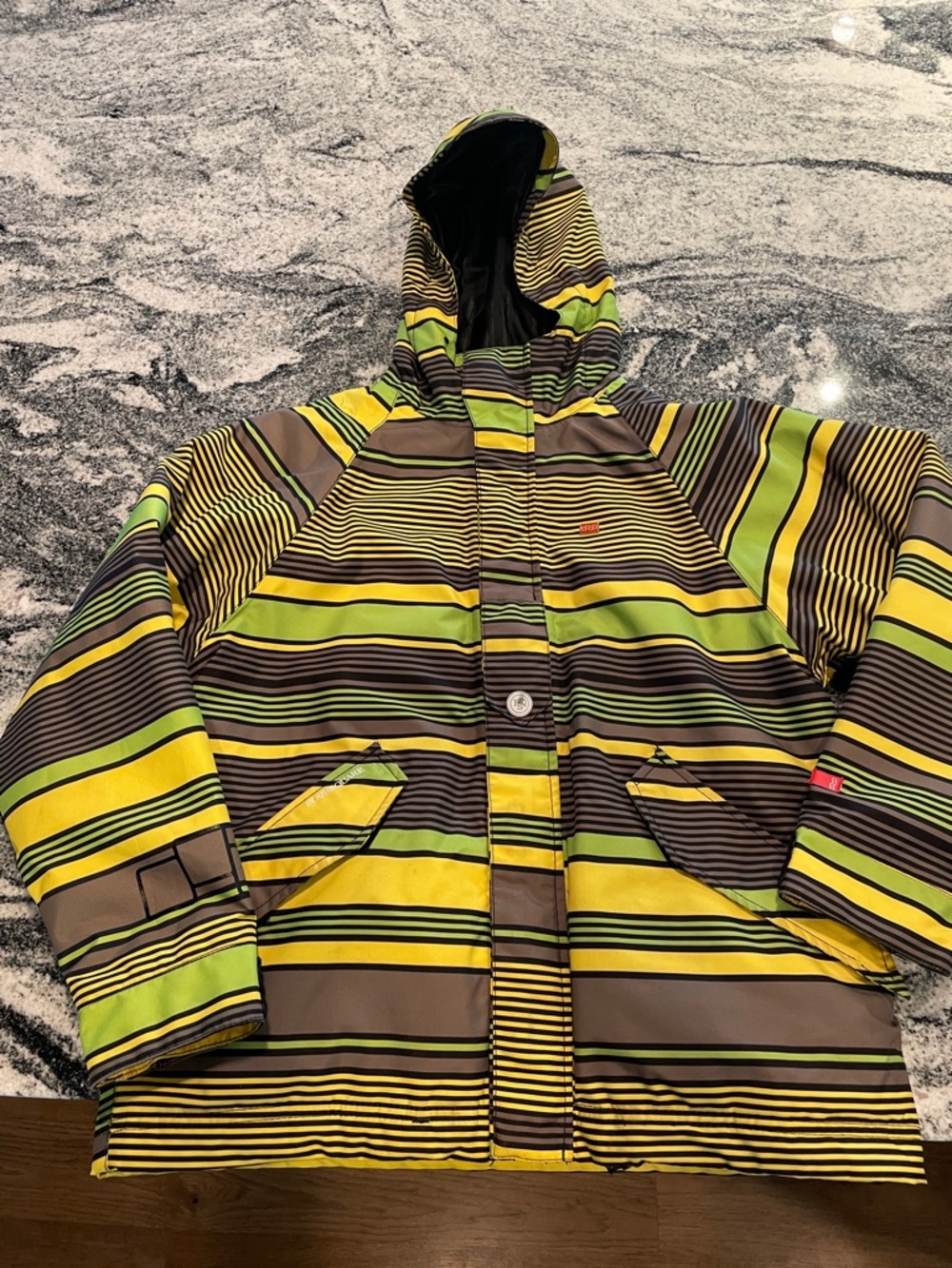 Kids Hooded Striped Snowboard Jacket in Yellow & Green